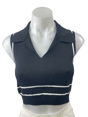 Oak + Fort Black Striped Rib Knit V Neck Collared Sleeveless Crop Tank Top Sz S